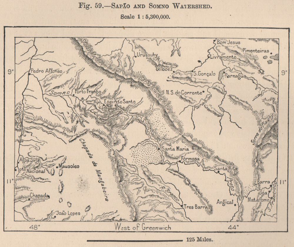 Sapão and Somno Watershed. Brazil 1885 old antique vintage map plan chart